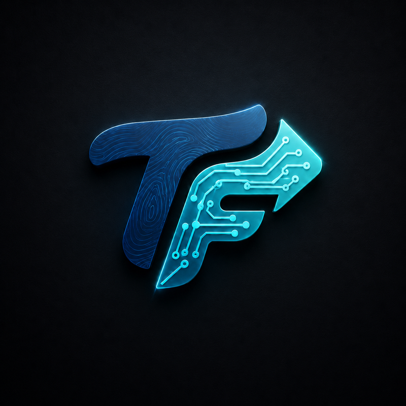 TandemFlow AI mark — a deep blue T and a glowing cyan circuit-board F forming an upward arrow